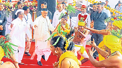 Governor Bhagatsinh Koshyari dancing on tribal dance during tribal pride day and state level tribal cultural festival
