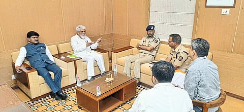 MP Hemant Godse, Police Commissioner Jayant Naiknaware and Medical Officer during a meeting called by Guardian Minister Dada Bhuse on Thursday regarding the rotting bodies.