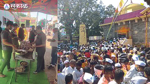 Crowd of devotees in Shree Khanderao Maharaj Yatra. In the second photograph, devotees distribute Mahaprasad of bharit-bakri near Banaimate temple.