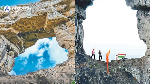 A transparent nedh lying on the mountain ridge. Tourists enjoying the thrill of climbing the 'Nedhya' and feeling the blowing wind