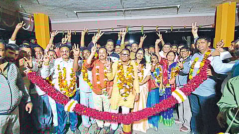 Navapur: Supporters along with the candidates of the Transformation Panel showing the victory sign after winning over the sugar factory