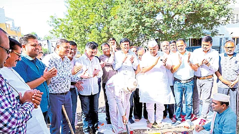 Prasad Maharaj, along with the officials of Lions present during the Bhoomipuja of the site of Lions Expo organized by Lions Club.