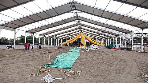 The main mandap being constructed for the Shree Shiva Mahapurana Katha to be held on the grounds of Masaga College.