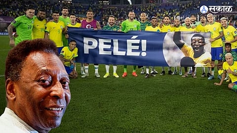 footballer pele big poster put up in stadium