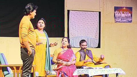Actors of Deolali Kamgar Kalyan Mandal presenting scenes from the play 'Sadhu Sant Yeti Ghara'.