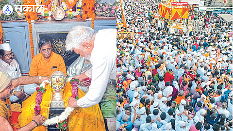 Warkari who participated in the Rathotsav held on Thursday on the occasion of Saint Nivrittinath Maharaj's Yatra & Guardian Minister Dada Bhuse during the ritual puja of Sant Nivrittinath Maharaj Samadhi on Wednesday.