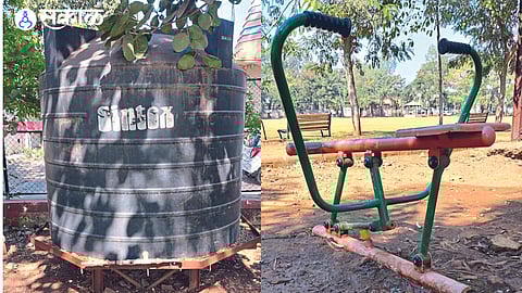 The disrepair of the toys in Sant Gadge Maharaj Udyan and the dilapidated water tank in the second photo.