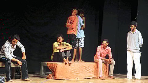 Actors presenting scenes from the play 'Asphotnam Bhokarwade:' in the Sanskrit State Drama Competition.