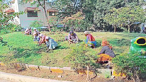 Workers cleaning in Meenatai Thackeray Park.