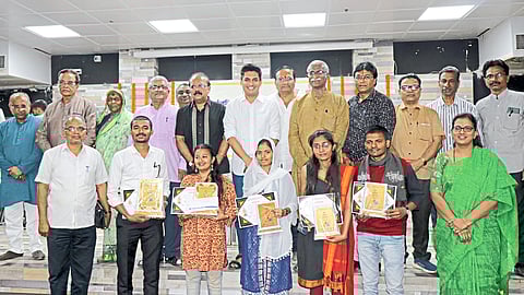MLA Satyajit Tambe with the prize winners at the Youth Literature Festival on Sunday