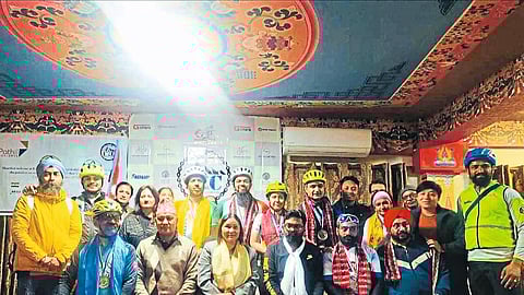 Member of Delhi to Kathmandu cross country cycle ride and Nashik's Dr. Deputy Chairperson of Nepal Indrarani Magar welcoming Mustafa Topiwala. Officers of the Indian Embassy in the neighborhood.