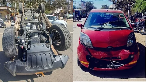 mahindra thar tata nano accident thar upside down on road in chhattisgarh photo goes viral