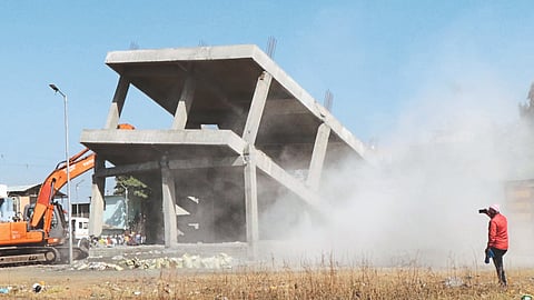 The NMC anti-encroachment department ran a bulldozer on the unauthorized pavement constructions here on Tuesday.