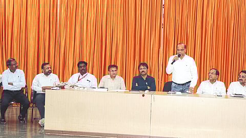Teacher MLA Kishore Darade speaking at the Teachers' Durbar held at CMCS College on Friday