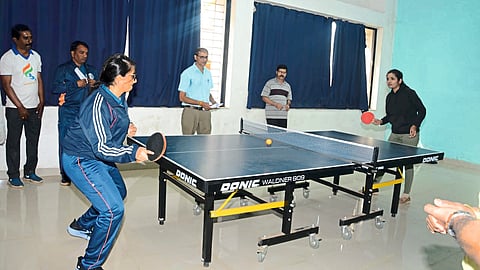 Chief Executive Officer Ashima Mittal playing tennis at the ongoing Zilla Parishad Staff Sports Tournament at Shivaji Stadium