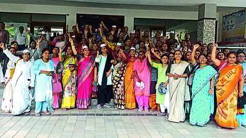 Employees from various departments joined the protest in front of the Panchayat Samiti office on Wednesday.