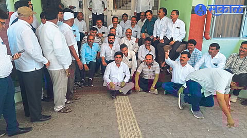 The angry contractors staged a sit-in protest outside the office due to non-payment of the works done under the public works department.