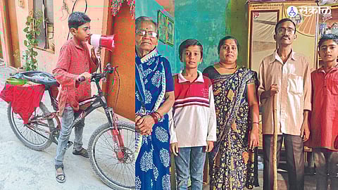Samartha is making the sound 'Usal ghya Usal' from the Bhonga and in second photo Samarth (right) with father Ishwar, mother Anita, grandmother Pushpabai and younger brother Swami.