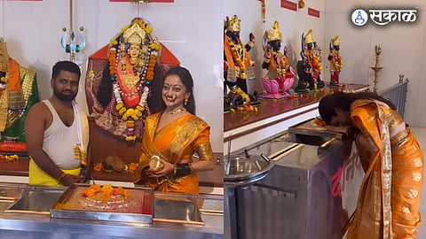 Manasi Naik visit goddess durga devi ambe mata temple for chaitra navratri in yellow saree