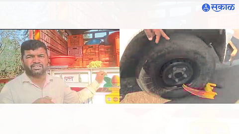 Govind Dongre, a farmer selling grapes on the road, and a jammer attached to his vehicle in the second photo.