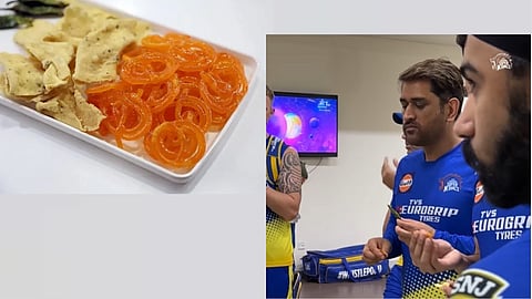 ipl-2023-csk-vs-gt ahmedabad csk-players and ms dhoni-eating-snacks-jalebi-ganthiya-fafda video cricket news in marathi kgm00