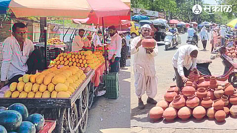 Mangoes entered the market for the Akshaya Tritiya festival, one of the three and a half Muhurtas. Citizens shopping for pitchers in the second photo