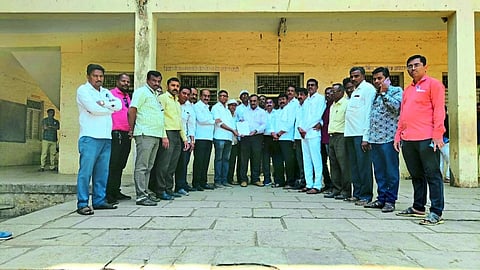 Secondary Education Officer Mohan Desale and officials of teacher unions while distributing the order of incremental subsidy to partially subsidized schools.