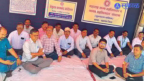 Tehsildar and Naib Tehsildar protesting in front of Collector's office on Monday.