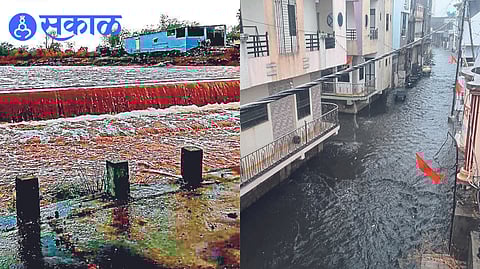 A cement embankment overflowing the Khadki River due to flooding and  Flooding in lawan Gali due to unseasonal rains