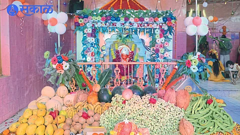 An offering of fruits at the ascetic Hanuman temple in Shahunagar.
