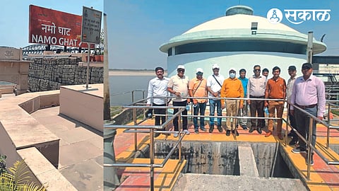 A delegation of Nashik Municipal Corporation officials inspecting the works of Simhastha Kumbh Mela.'NAMO' ghat developed using gabion technology.