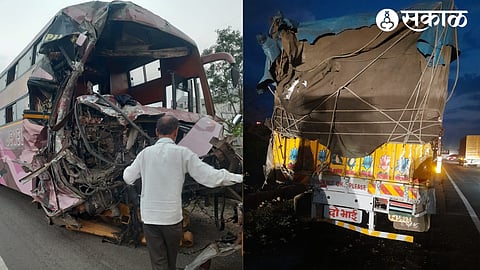Private bus and goods truck involved in a serious accident on the highway