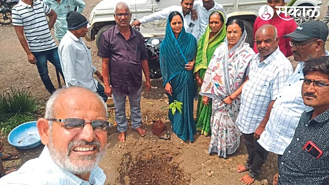 Sunil Aher while distributing saplings under the scheme 'Magel tyala Rop' while implementing Vasundhara campaign and establishing a tree bank and in the second photo, the family planting a memorial tree.