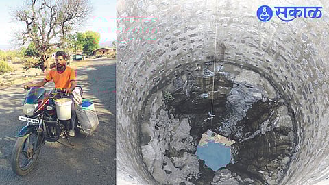 bottom reached by the well & Citizens carrying water with a drum on a bike