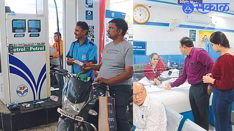 Customers giving Rs 2000 note after filling petrol at petrol pump and Citizens exchanging Rs 2000 notes at the main branch of State Bank.