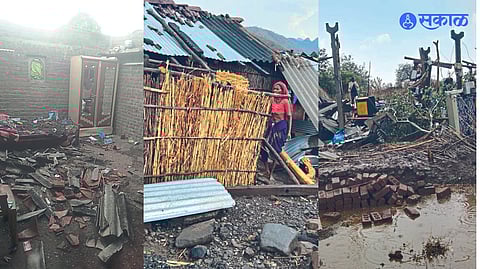 Rapapur (Taloda): The life of Jairam Thackeray was exposed after the walls and letters of the house were blown away. In the second photo, the fallen roof of the house. In the third photo, a woman looks at the blown-up sheets of a house.