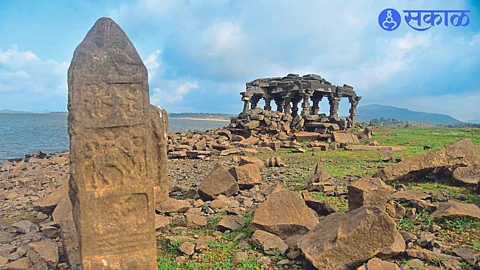 The Shiva temple which resides in the Vaitrana dam reservoir for eleven months of the year and comes into view as the dam reservoir recedes.