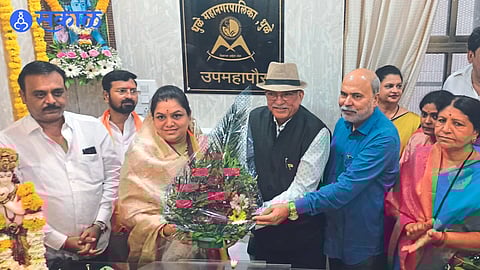 Sarkarsaheb Rawal, Rajvardhan Kadambande felicitating Deputy Mayor Vaishali Varade on his assumption of office in the Municipal Corporation.