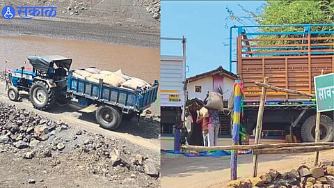 Savaryadigar (T.Dhadgaon) : Administration while delivering grain stock through tractors in very remote areas. While the laborers are unloading the grain stock from the truck.