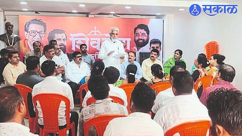 Guardian Minister Dada Bhuse speaking in a gathering of Shiv Sena officials and workers.