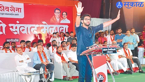 Yuva Sena chief Aditya Thackeray speaking at the Shiv Sena dialogue meeting here. Shiv Sena officials from across the district on the platform