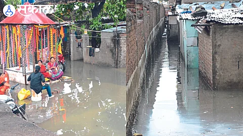 Accumulated rain water in Panchsheelnagar area of Tambapura area and flood water that came to the drain in Tambapura area surrounded such houses.