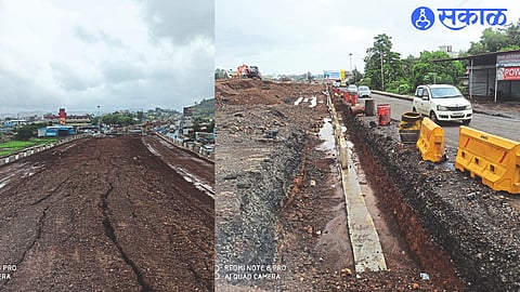 Road excavated in the middle of the highway for the ongoing flyover work near Ghoti on the Mumbai Agra highway. In the second photo, deep ditches are seen next to the site strips on the highway.
