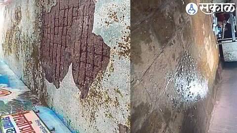 Falling plaster of slap in Zilla Parishad School and leaky classroom due to rain.