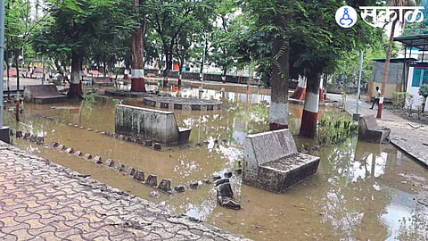 Water accumulated in Shyama Prasad Mukherjee Park due to 'washout' after water tank testing.