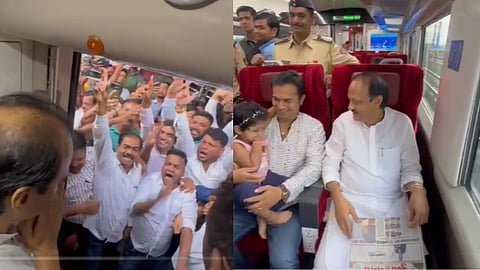 Ajit Pawar left for Nashik by Vande Bharat Express for shasan aplya dari Video CM Shinde Devendra Fadnavis