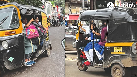 Dangerous transportation of school students by rickshaws