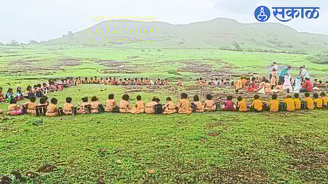 Small students enjoying forest food in the mountain valley.