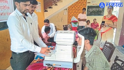 Doctor examining deaf and dumb students.