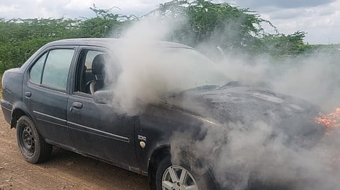 car caught fire due to battery failure at solapur highway police traffic 